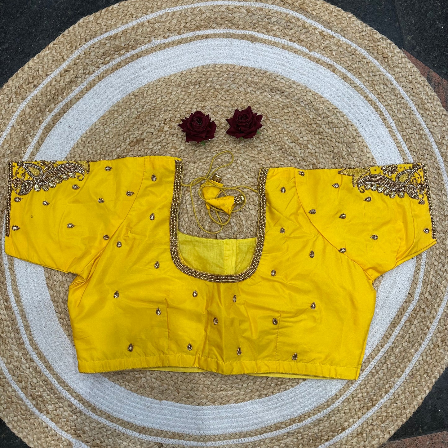 46” Size 16 Aari Worked Sari Blouse Indian Saree Top Silk Yellow B412