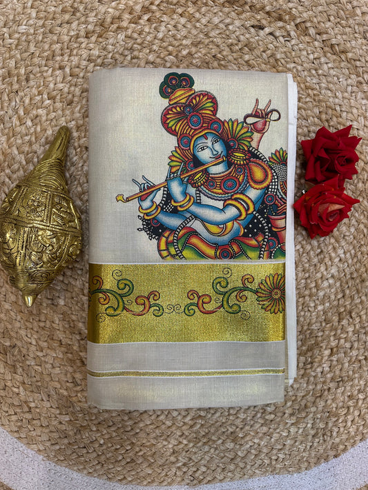 Kerala Vishu Sari Indian Cream Tissue hand Printed Onam Saree C7 - Col 6