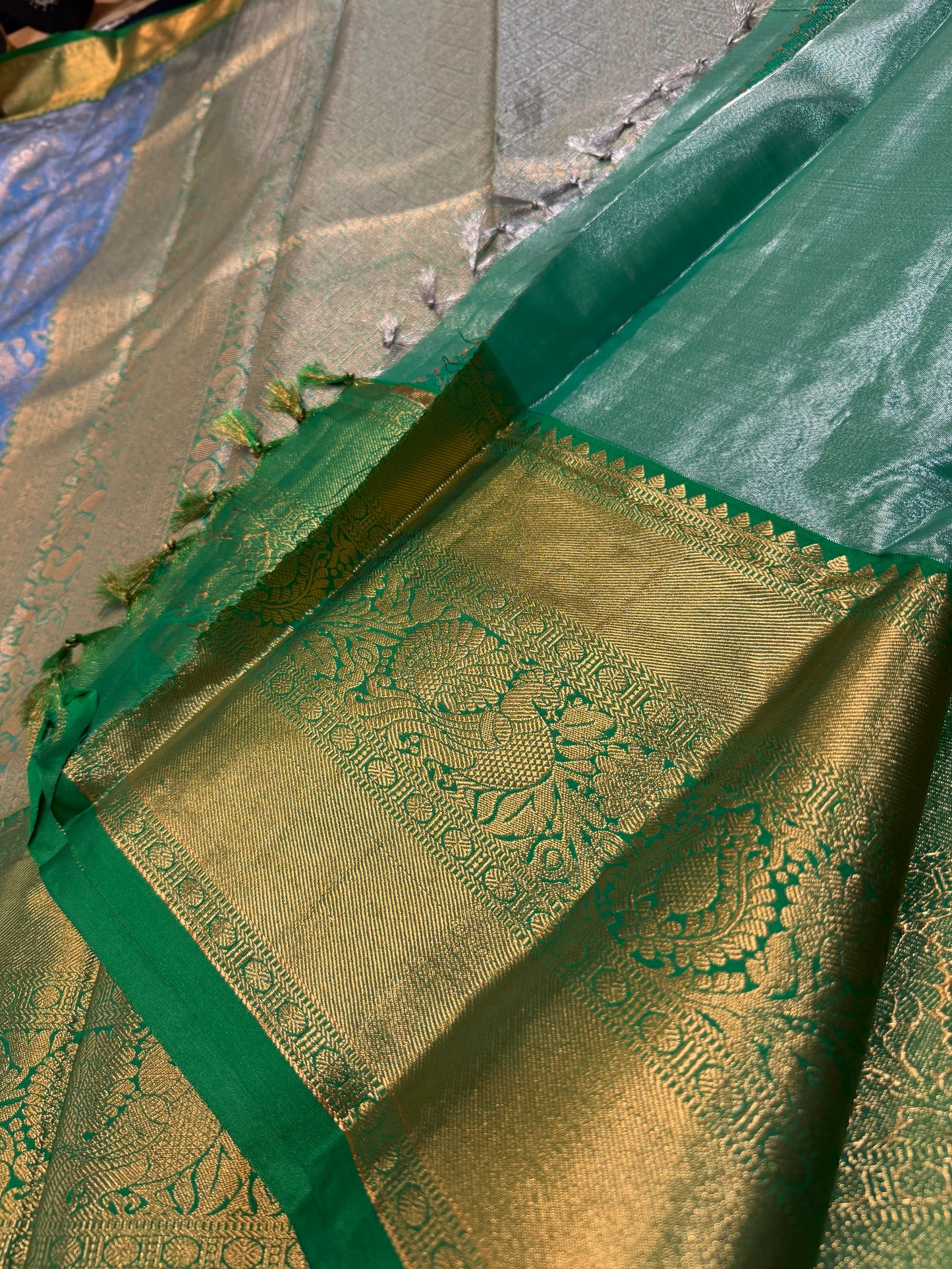 Semi Silk Indian Bridal Tissue Kanjivaram / Kanchipuram Sari Blue Saree SEMI1