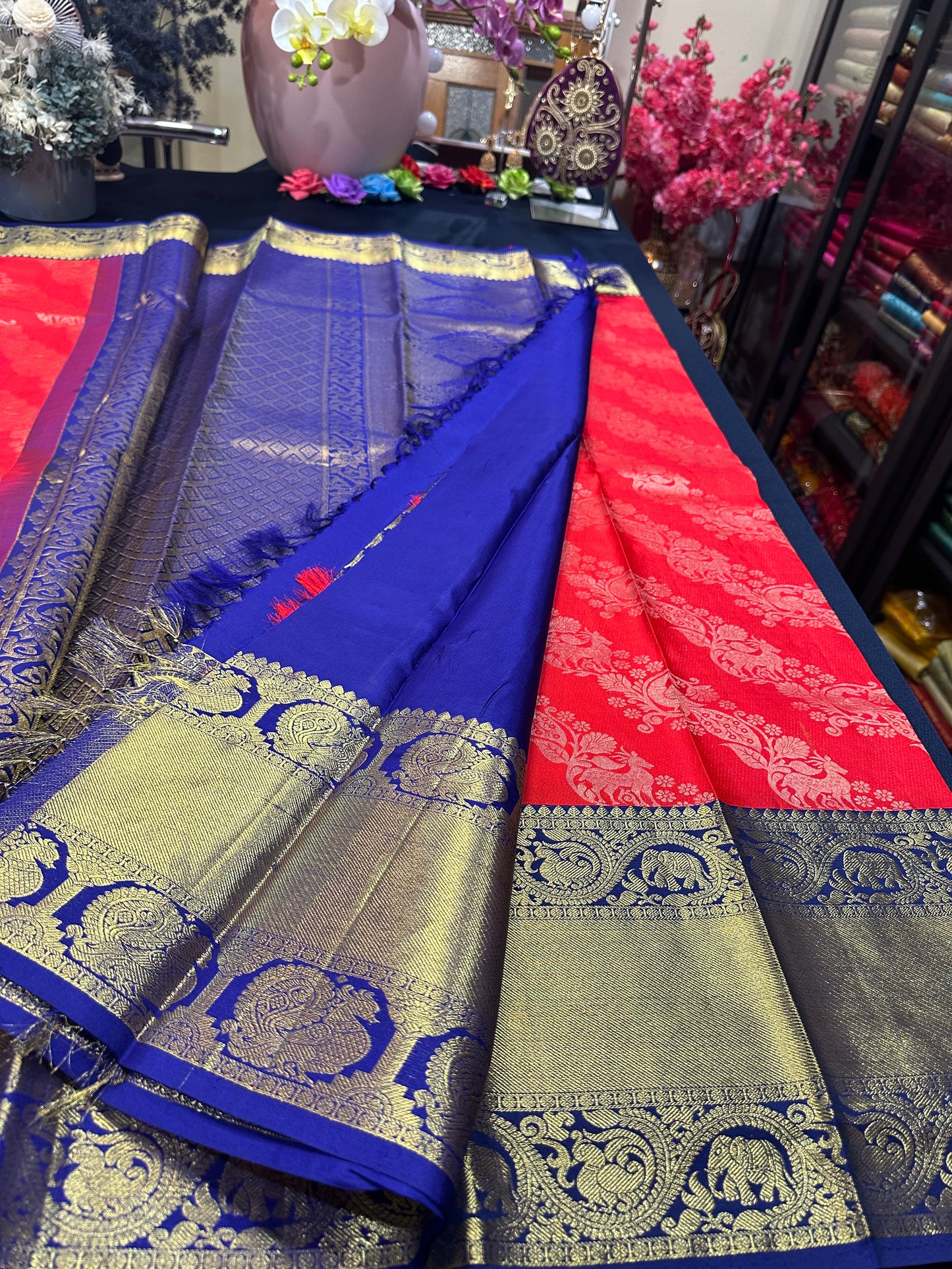 Bridal Kanchipuram Pure Silk Saree Red & Blue Kanjivaram Sari| SPK130
