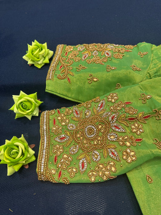 40” Aari hand Worked Sari Blouse Indian Top Choli Silk Green Gold B12