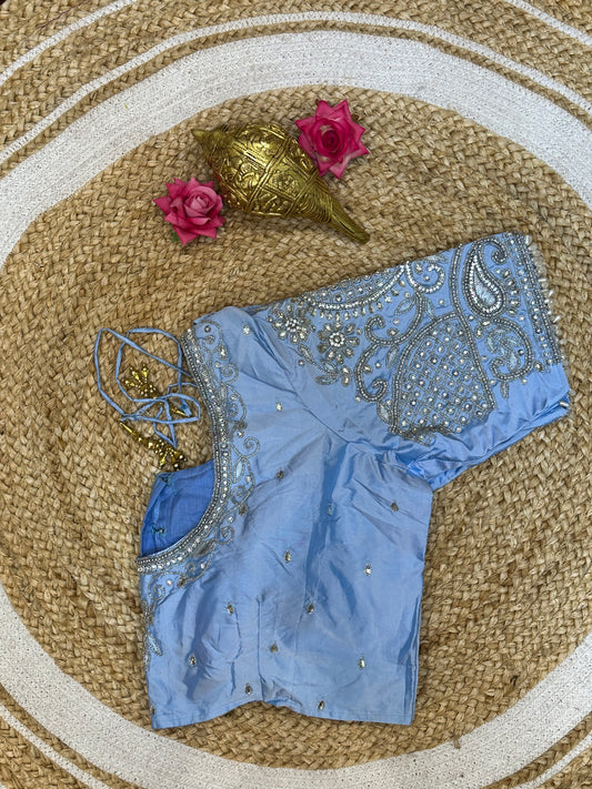 40” Size 10 Aari Worked Sari Blouse Indian Saree Top Silk Light Blue B94