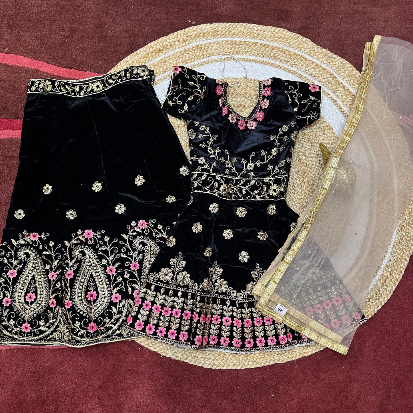 28” Size 6 to 7 Indian Peplum Lehenga Red Maroon Pavadai Sattai Skirt Top G71 Col 4