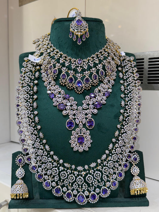 AD Bluish Purple and Silver Indian Bridal Necklace Haram set N37