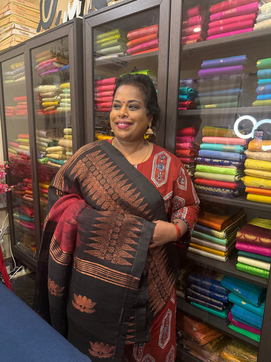 Silk Cotton Linen Sari Indian Saree Copper Jari Maroon Black S129