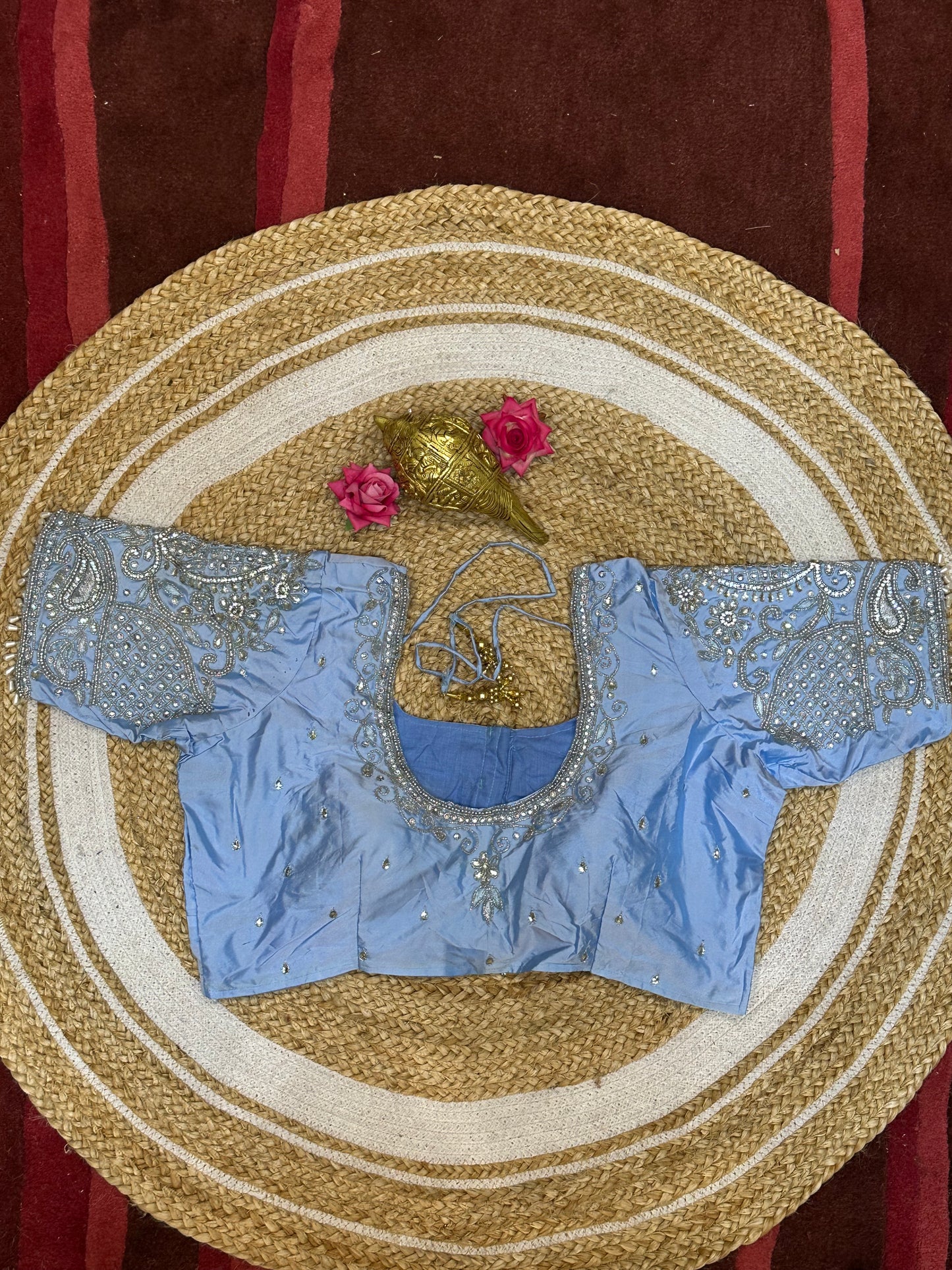 40” Size 10 Aari Worked Sari Blouse Indian Saree Top Silk Light Blue B94