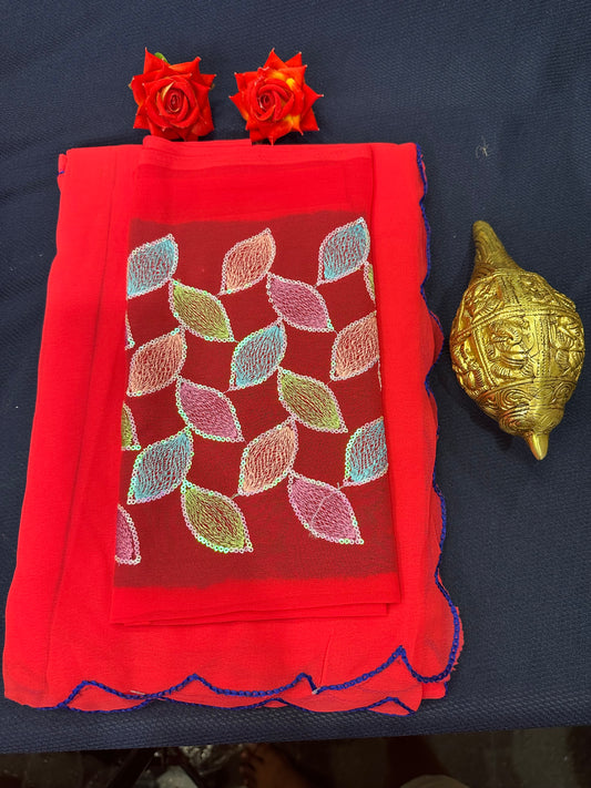 Chiffon Sari Indian Fancy Saree Red with Worked blouse material S121