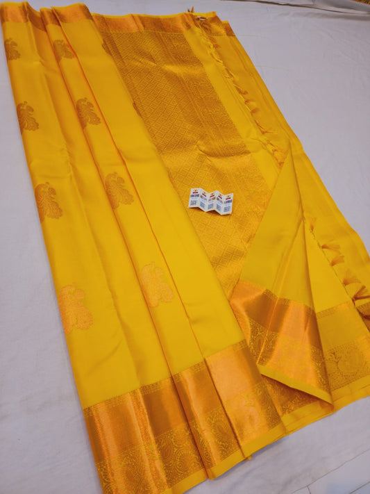 Kanchipuram Pure Silk Saree Yellow with Copper Kanjivaram Sari| SPK186