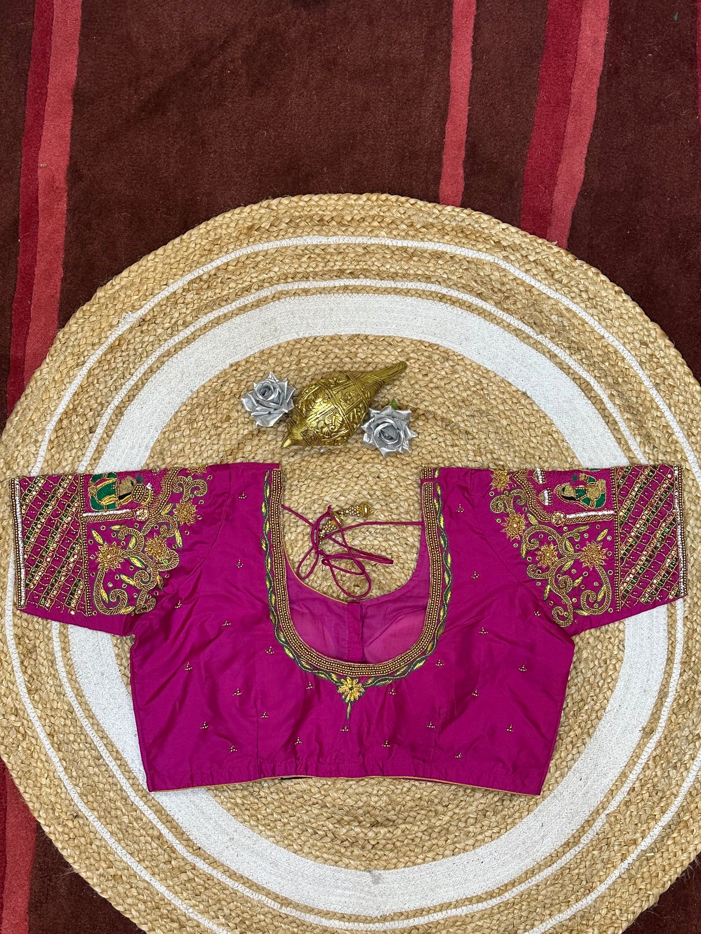 44” Size 14 Aari Worked Sari Blouse Indian Saree Top Silk Pink B136