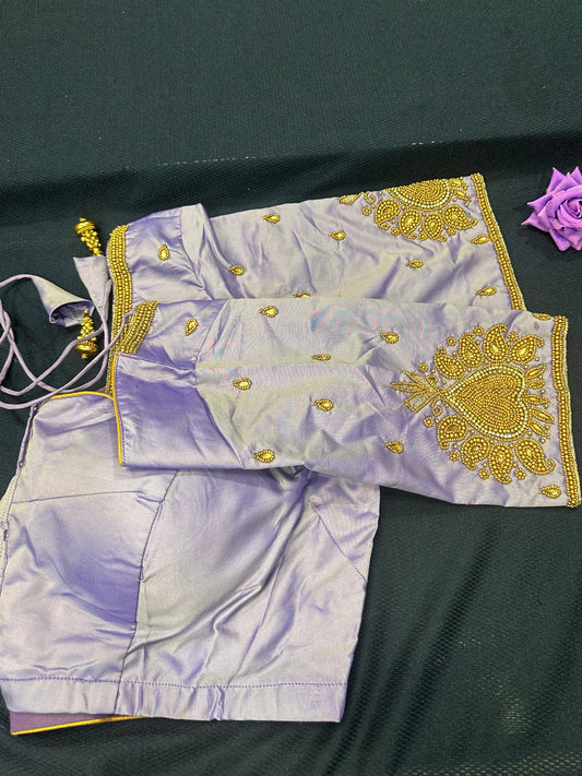 40” Aari hand Worked Sari Blouse Indian Top Choli Silk Lavender B22