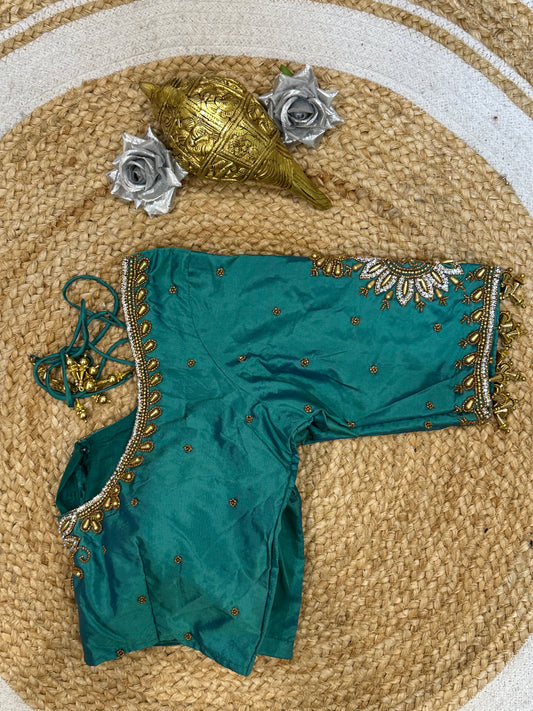 34” XS Aari Worked Sari Blouse Indian Saree Top Silk Turquoise B119