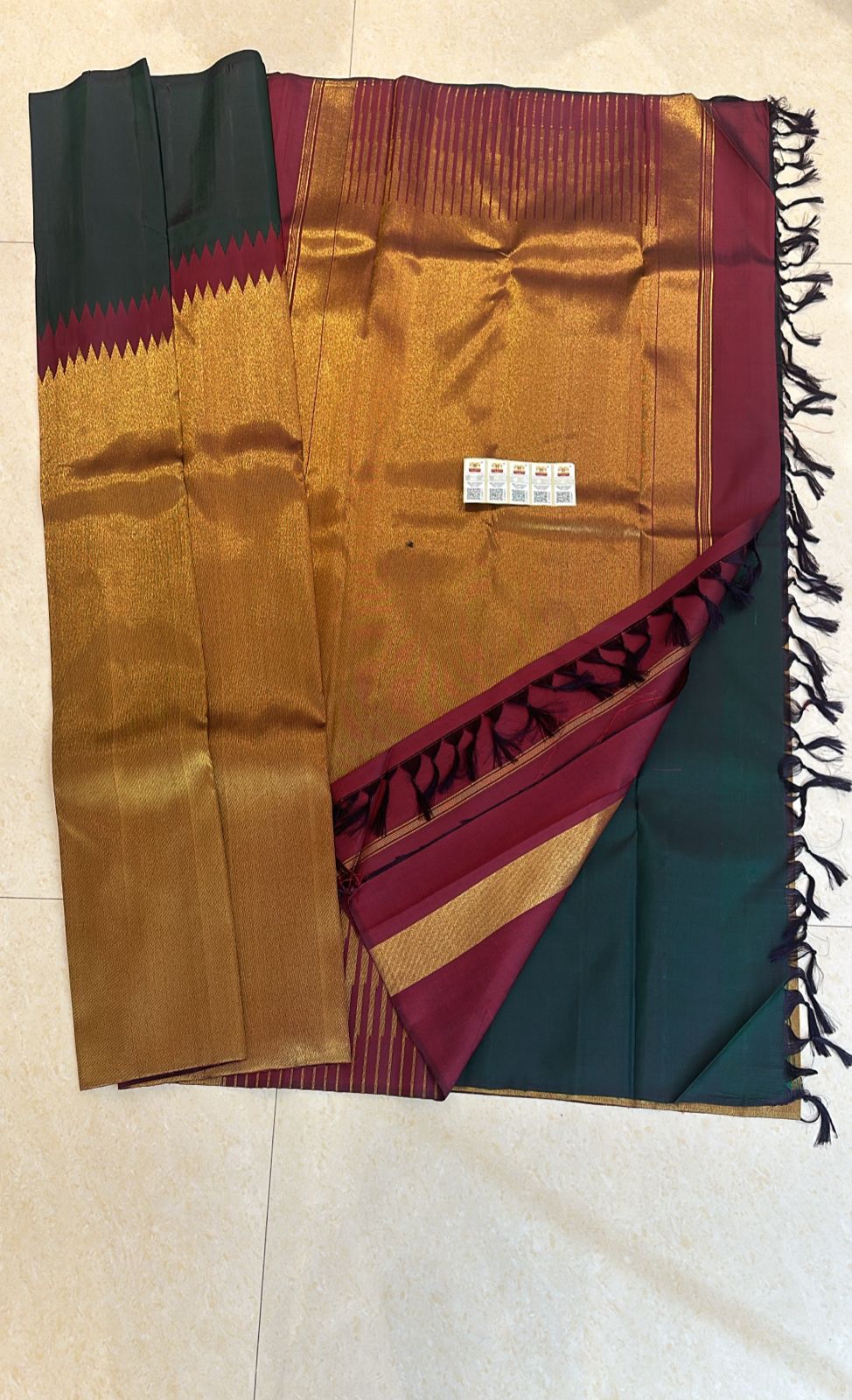 Raising Border Kanchipuram Pure Silk Saree Maroon & Green Kanjivaram Sari| SPK139