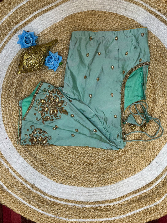 50” Size 20 Aari Worked Sari Blouse Indian Saree Top Silk Sea Green B198