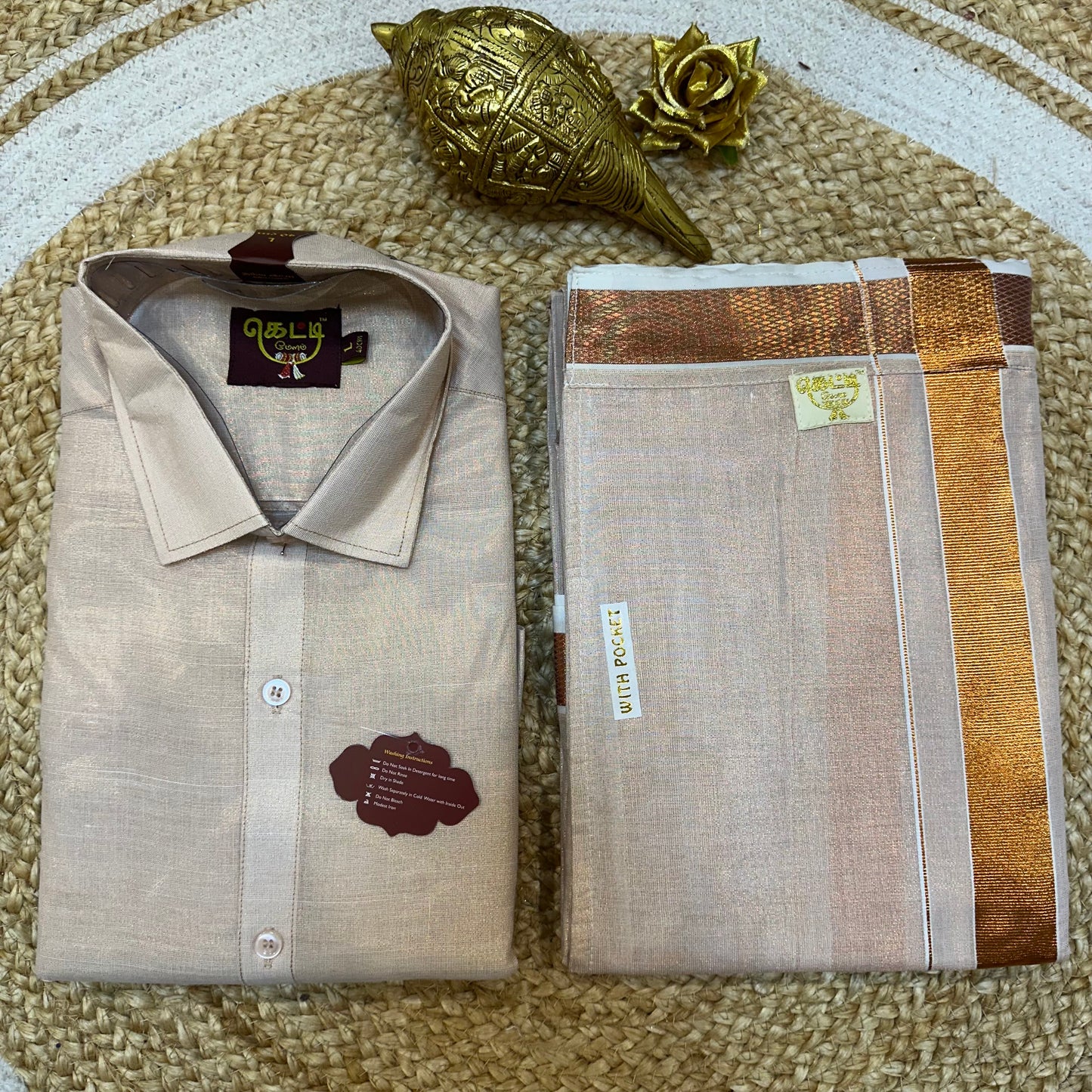 Men’s South Indian Vesti Shirt Combo Rose gold Copper Tissue Dhotti V12
