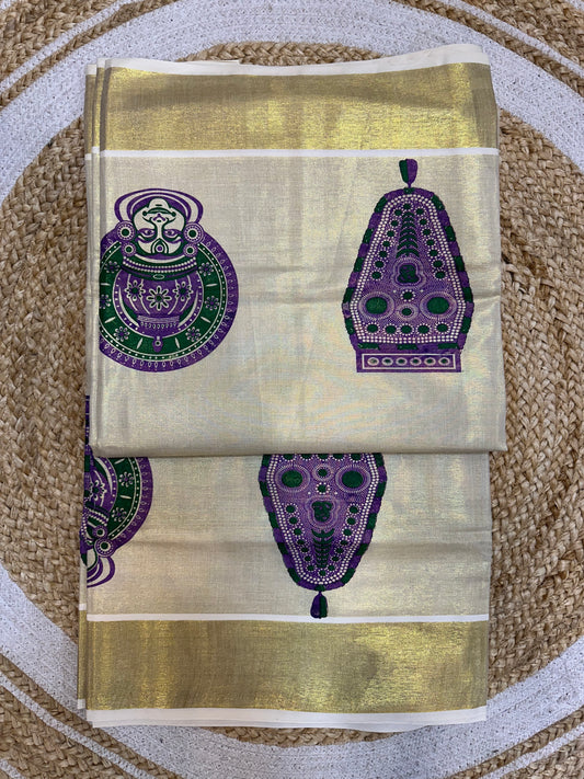 Purple Kerala Vishu Sari Indian Cream Tissue hand Printed Onam Saree C17 Col 5