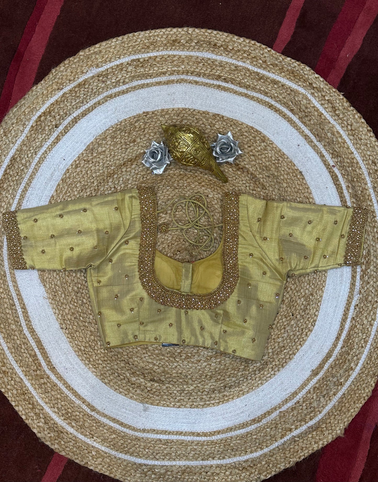 34” XS Aari Worked Sari Blouse Indian Saree Top Silk Gold B104
