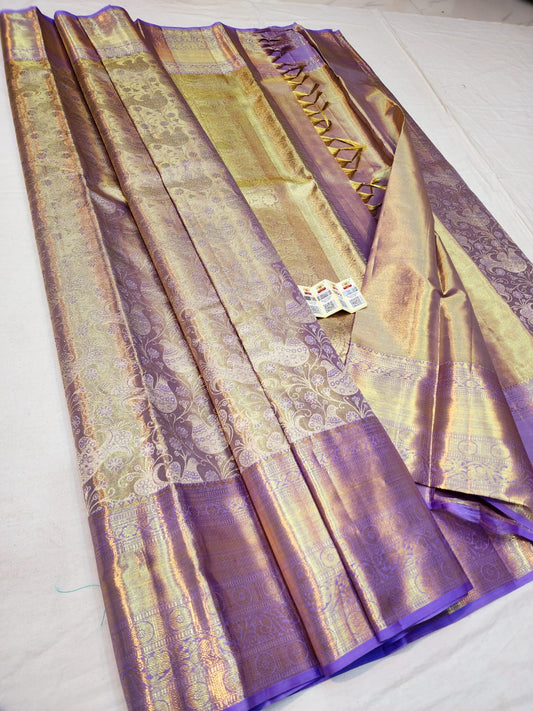 Bridal Tissue Kanchipuram Pure Silk Saree Lavender Kanjivaram Sari| SPK140