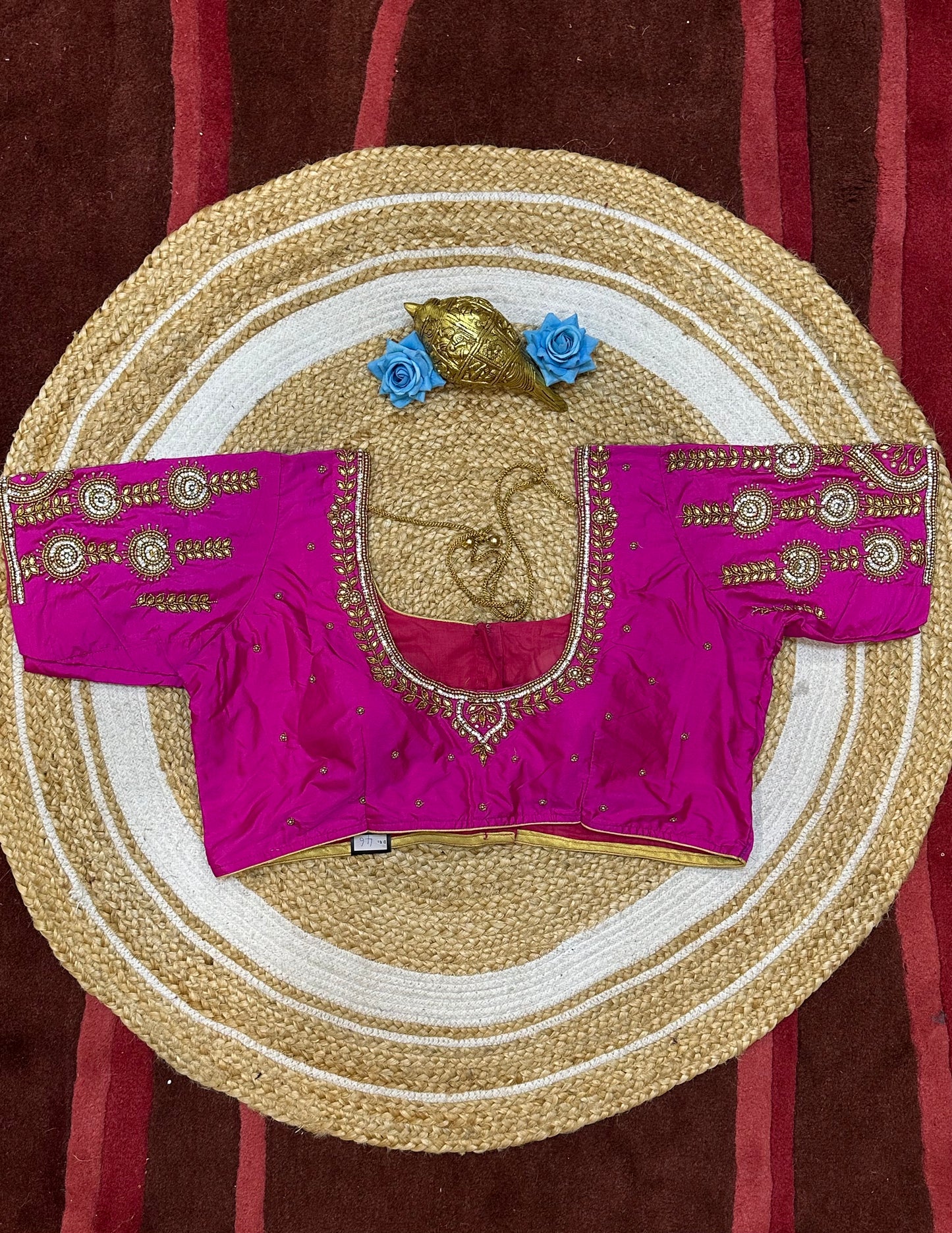 46” Size 16 Aari Worked Sari Blouse Indian Saree Top Silk Rani Pink B196