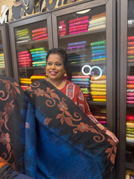 Silk Cotton Linen Sari Indian Saree Copper Jari Magenta Blue Black S124