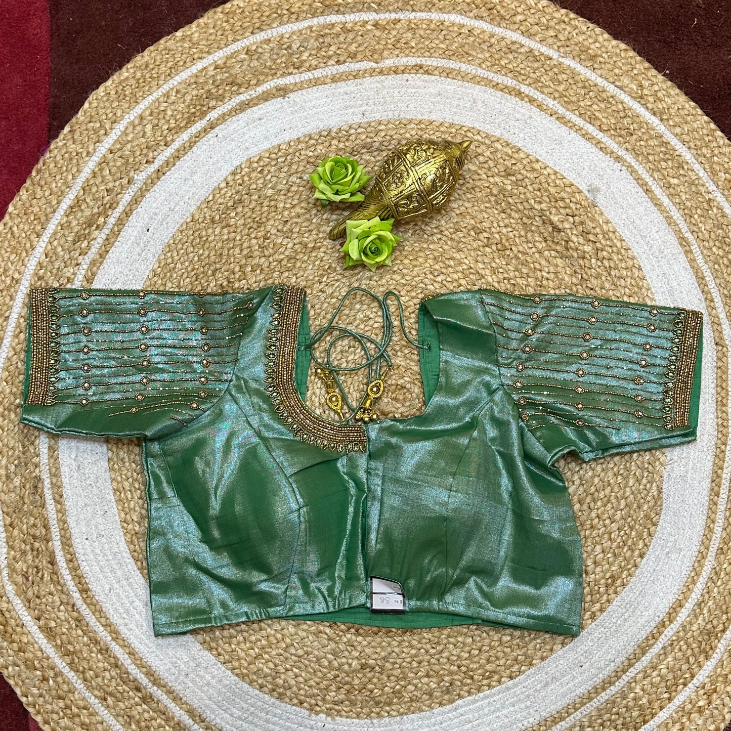 38” M Size 8 Aari Worked Sari Blouse Indian Saree Top Metallic Green B288