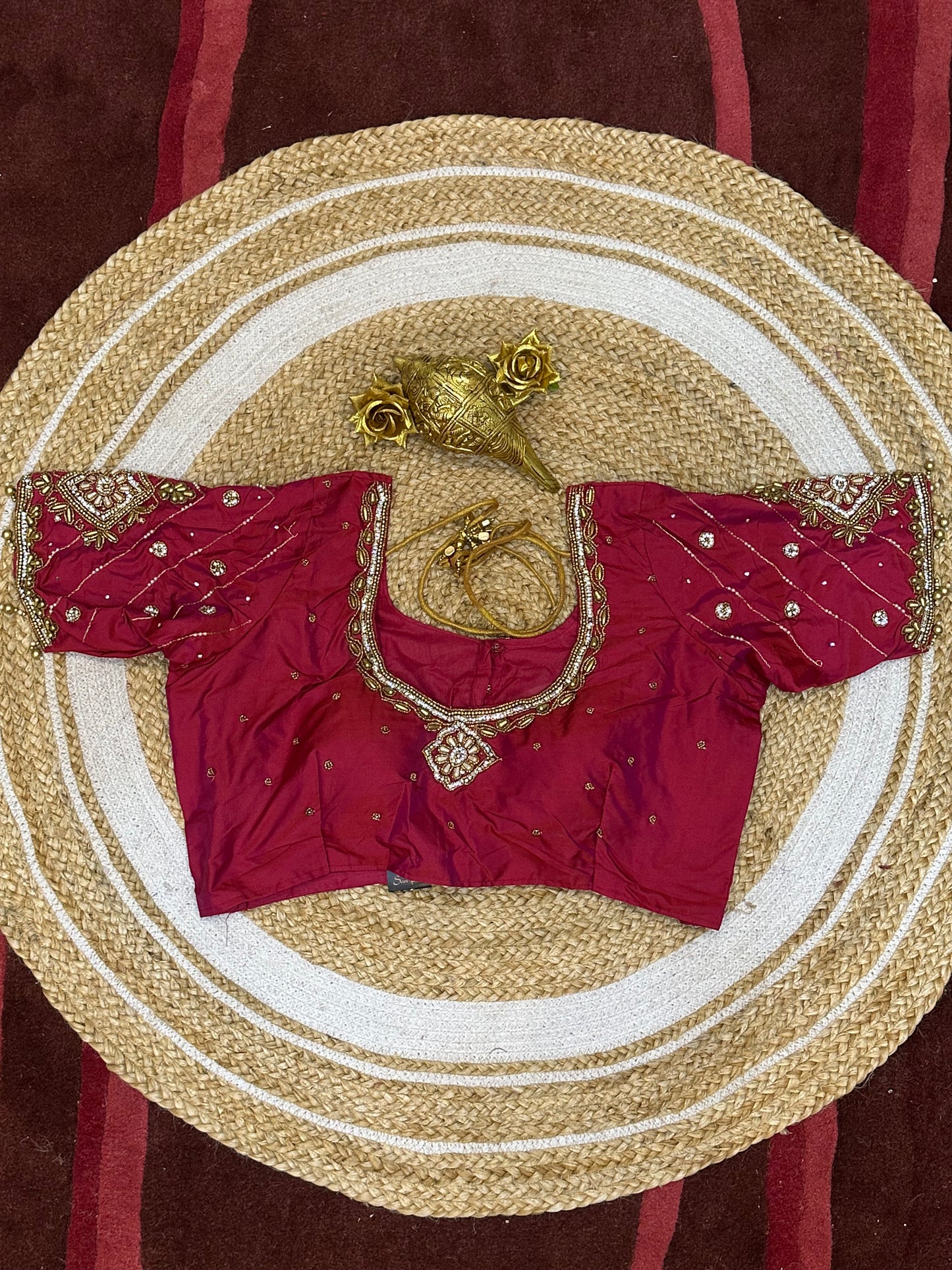 40” Size 10 Aari Worked Sari Blouse Indian Saree Top Silk Pinkish Red B73