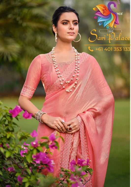 Peach Indian Fancy Party wear Saree Fendi Silk Sari S138