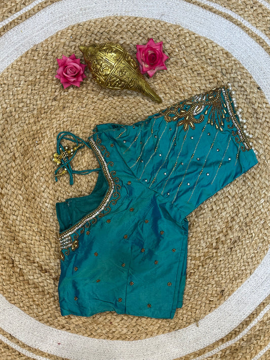 40” Size 10 Aari Worked Sari Blouse Indian Saree Top Silk Teal Green B90