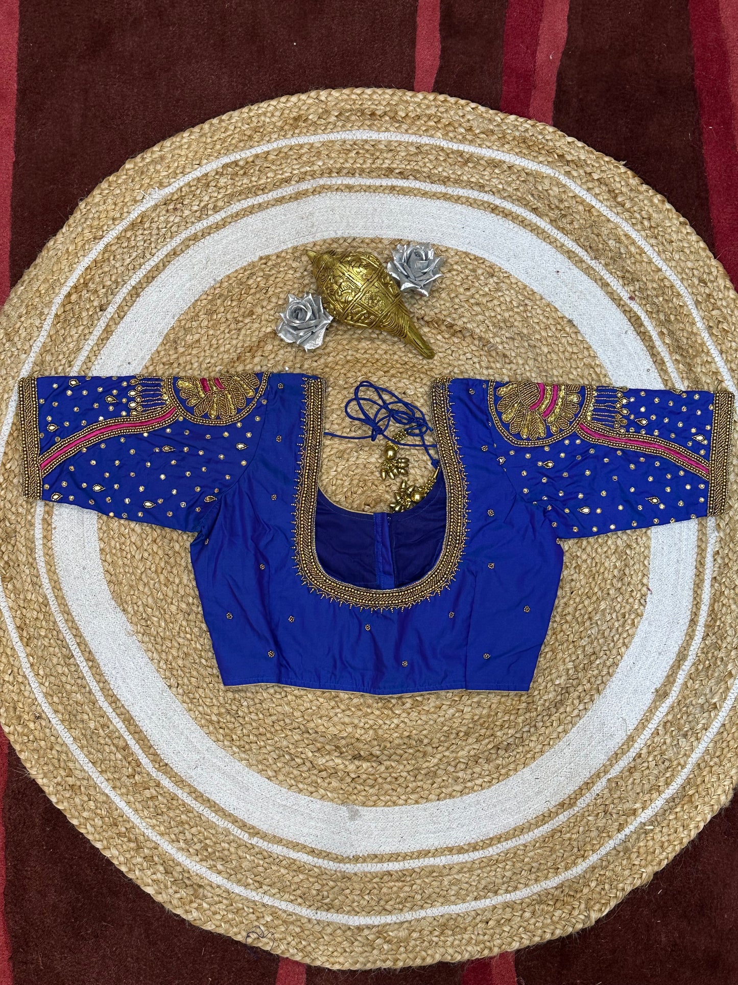 34” XS Aari Worked Sari Blouse Indian Saree Top Silk Blue B107