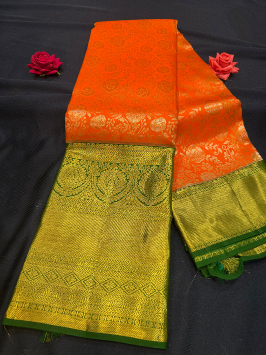 Kanchipuram Pure Silk Saree with Gold Zari Orange & Green Sari| SPK103