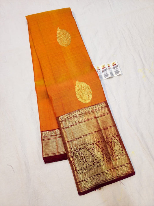 Kanchipuram Pure Silk Saree Bridal Mango Yellow Kanjivaram Sari SPK292