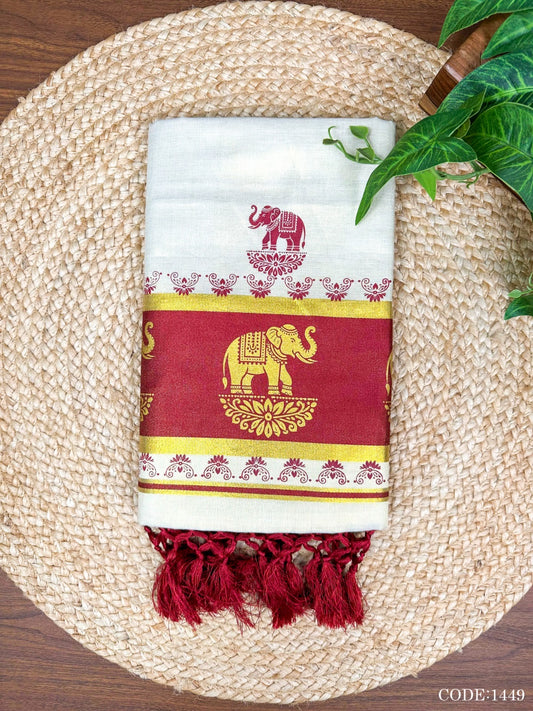 Maroon Elephant Kerala Vishu Sari Indian Cream Tissue Saree C7