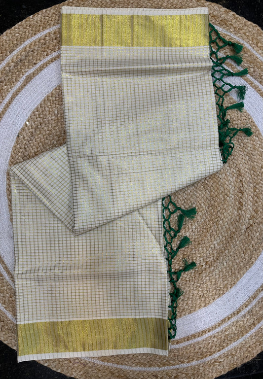 Green Kerala Vishu Sari Indian hand Printed Kasavu Onam Saree C22 Col 3