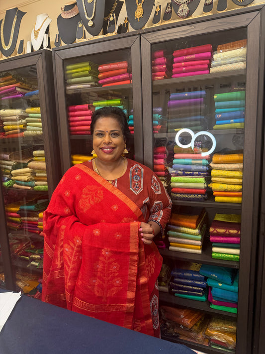 Silk Cotton Linen Sari Indian Saree Copper Jari Red S134