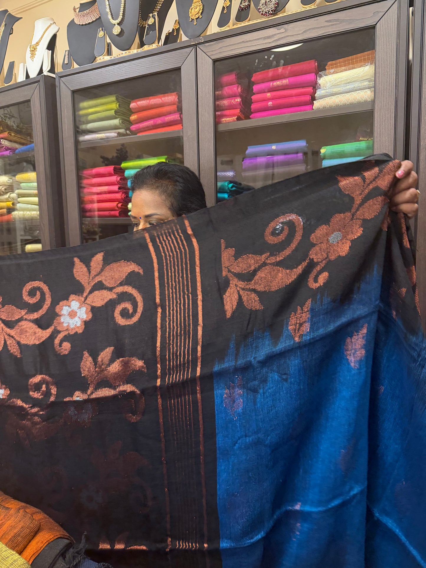 Silk Cotton Linen Sari Indian Saree Copper Jari Magenta Blue Black S124