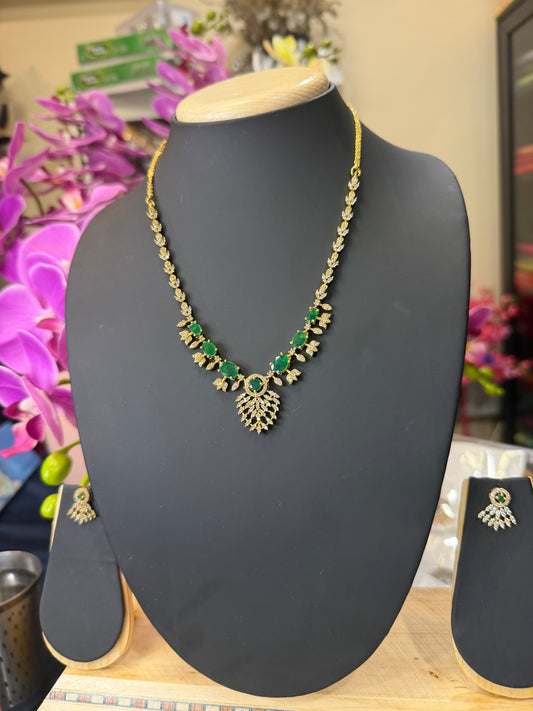 Indian Brass Necklace & Earrings Jewellery Set Green N67