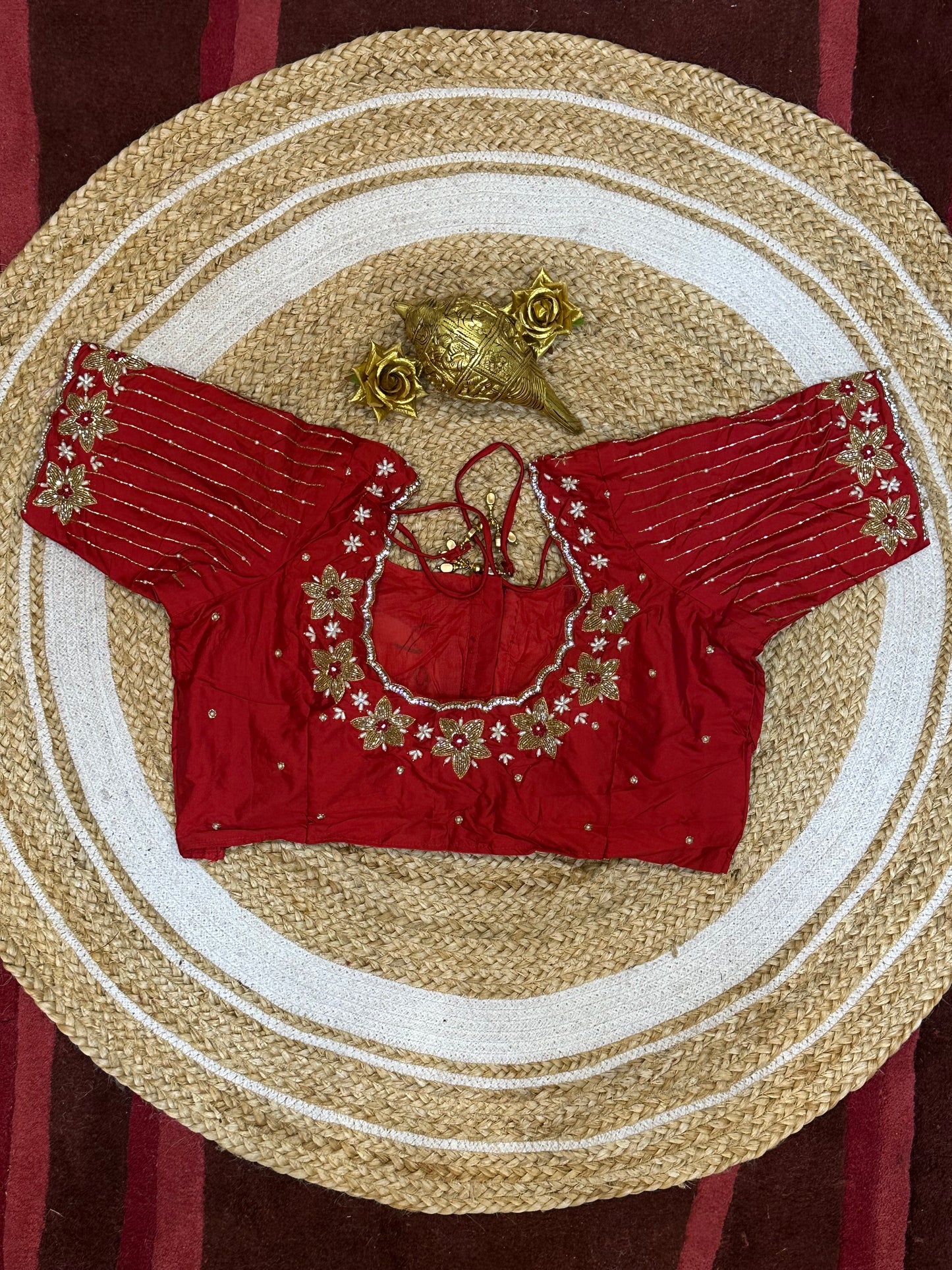 40” Size 10 Aari Worked Sari Blouse Indian Saree Top Silk Red B86