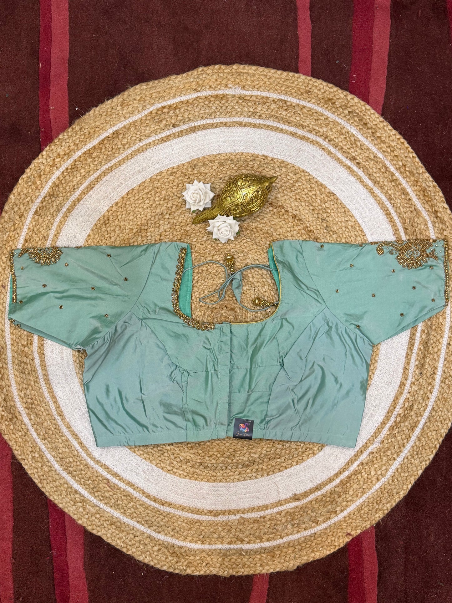 46” Size 16 Aari Worked Sari Blouse Indian Saree Top Silk Sea Green B227