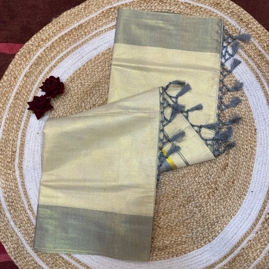 Grey Kerala Vishu Sari Indian Cream Tissue Saree C34