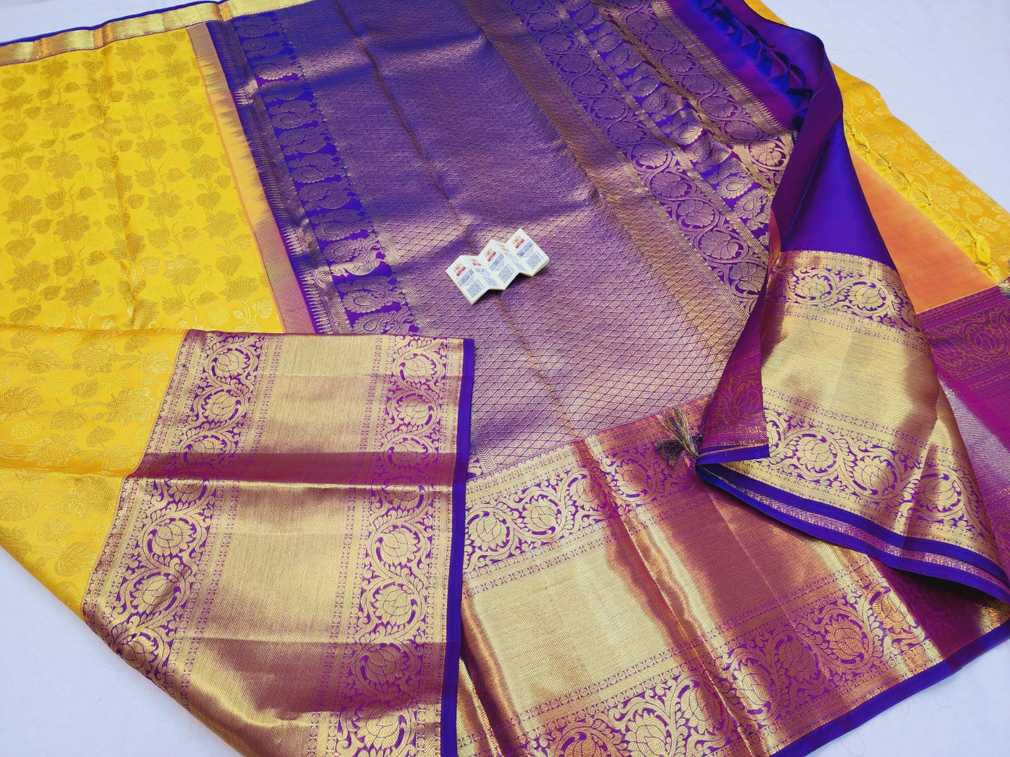 Korvai Kanchipuram Pure Silk Saree Mango Yellow & Purple Kanjivaram Sari| SPK110