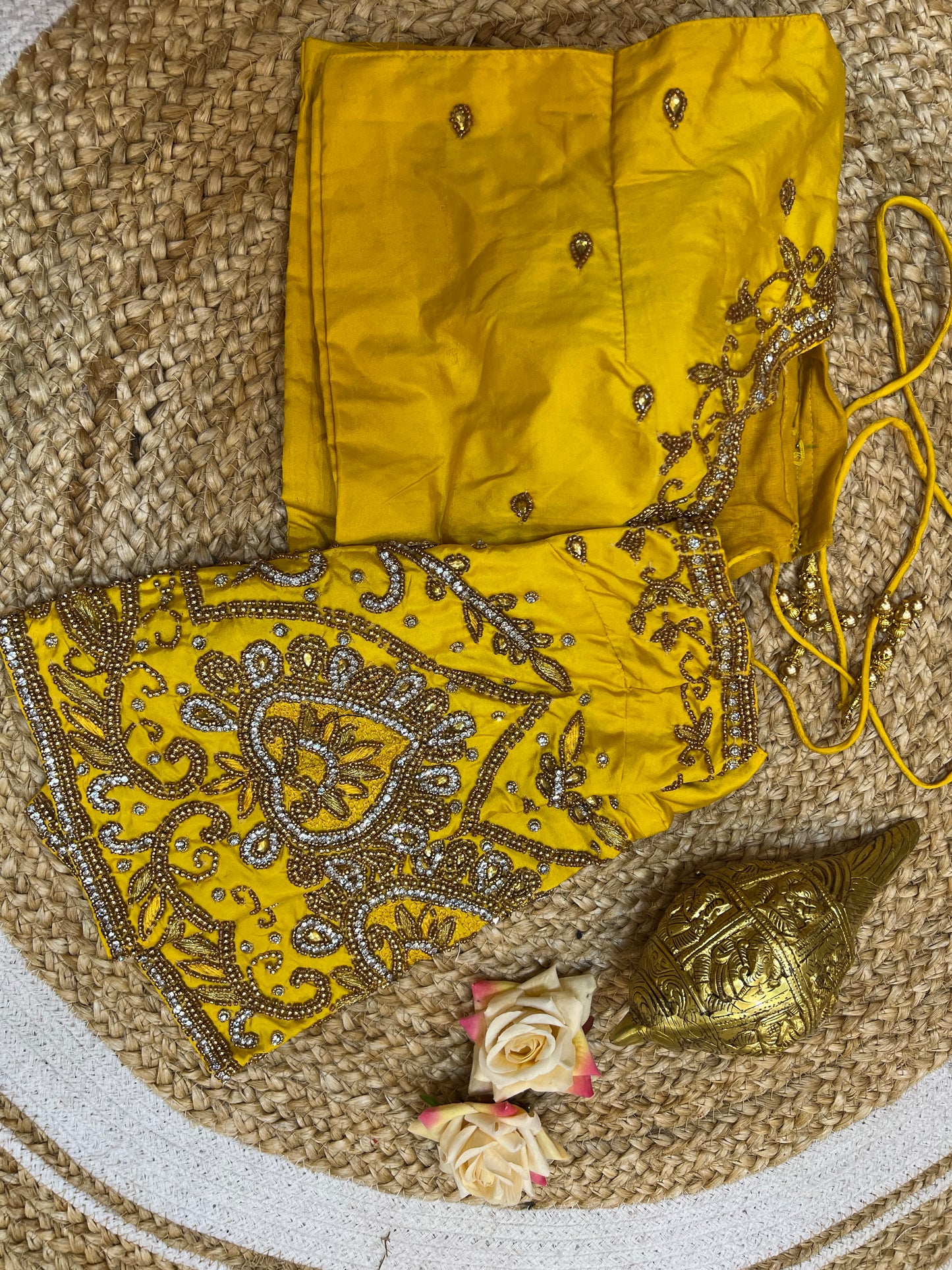 40” Aari hand Worked Sari Blouse Indian Top Choli Silk Yellow B24