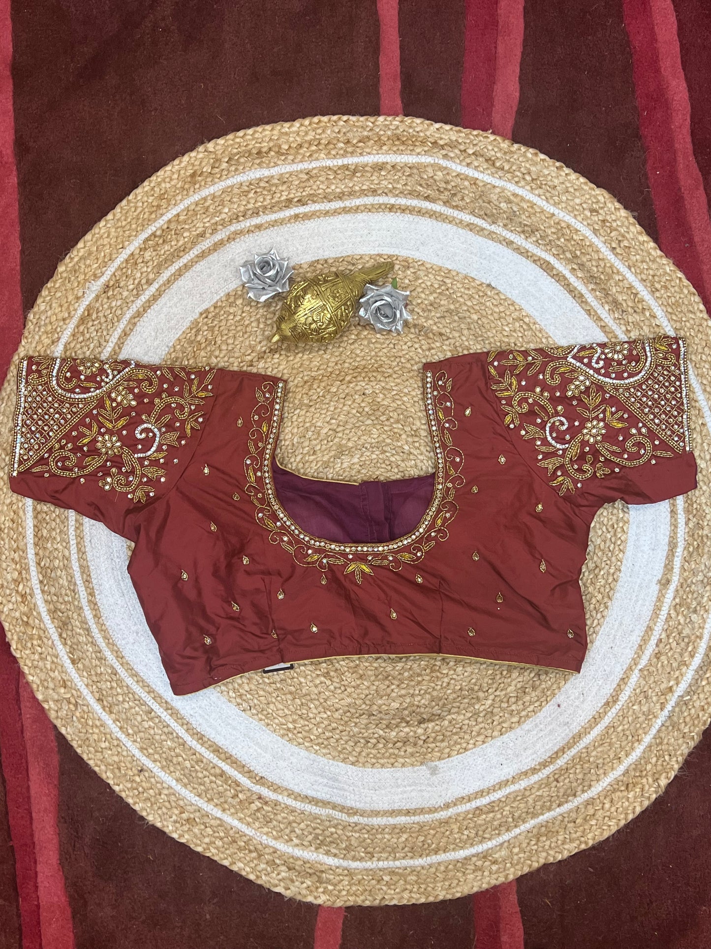 48” Size 18 Aari Worked Sari Blouse Indian Saree Top Silk Maroon B128