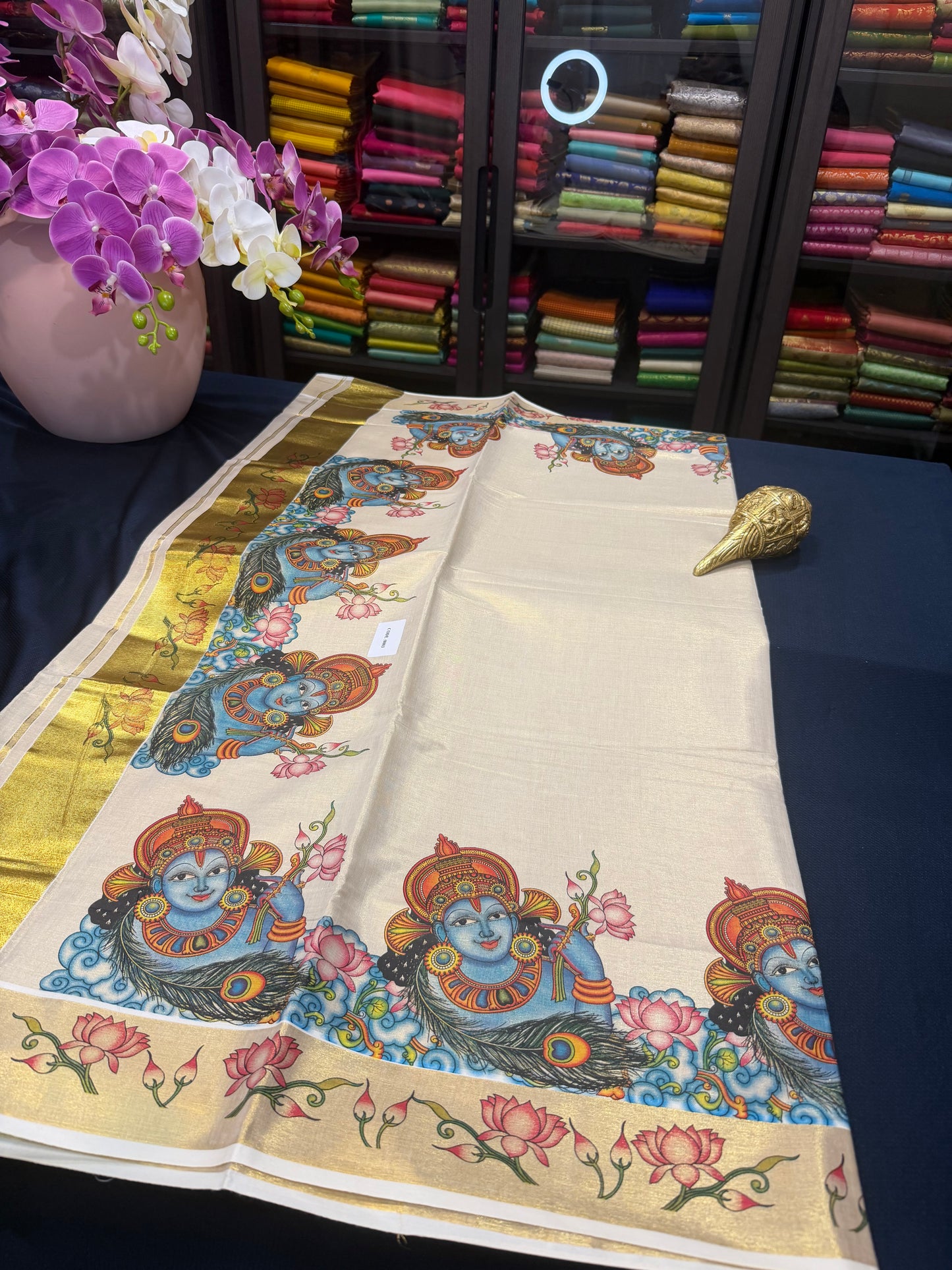 Kerala Vishu Sari Indian Cream Tissue hand Printed Saree C7 - Col 2