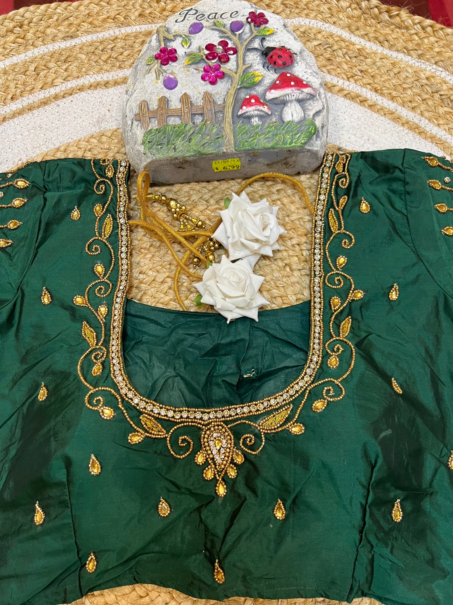 40” Aari hand Worked Sari Blouse Indian Top Choli Silk Green B25