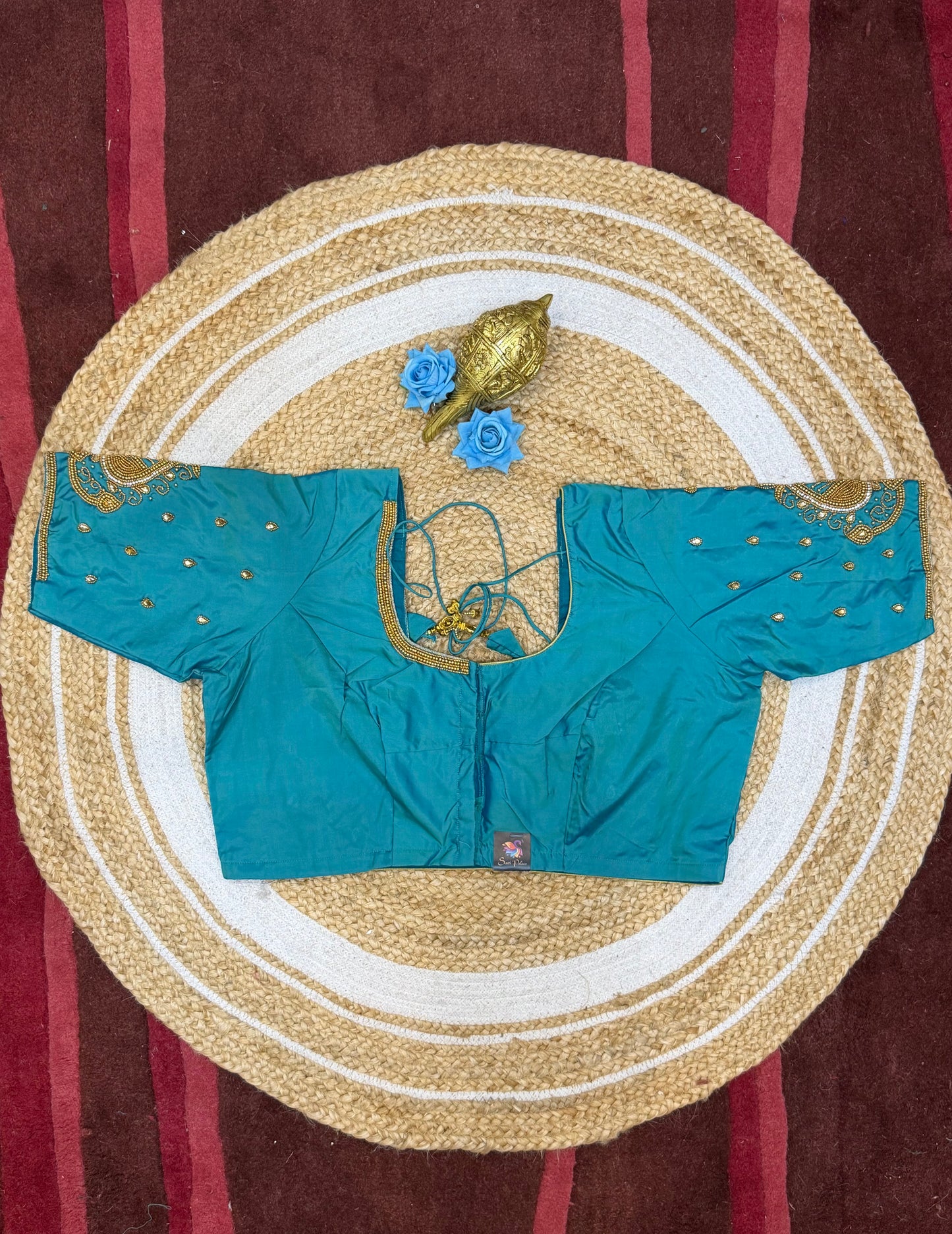 46” Size 16 Aari Worked Sari Blouse Indian Saree Top Silk Blue B228