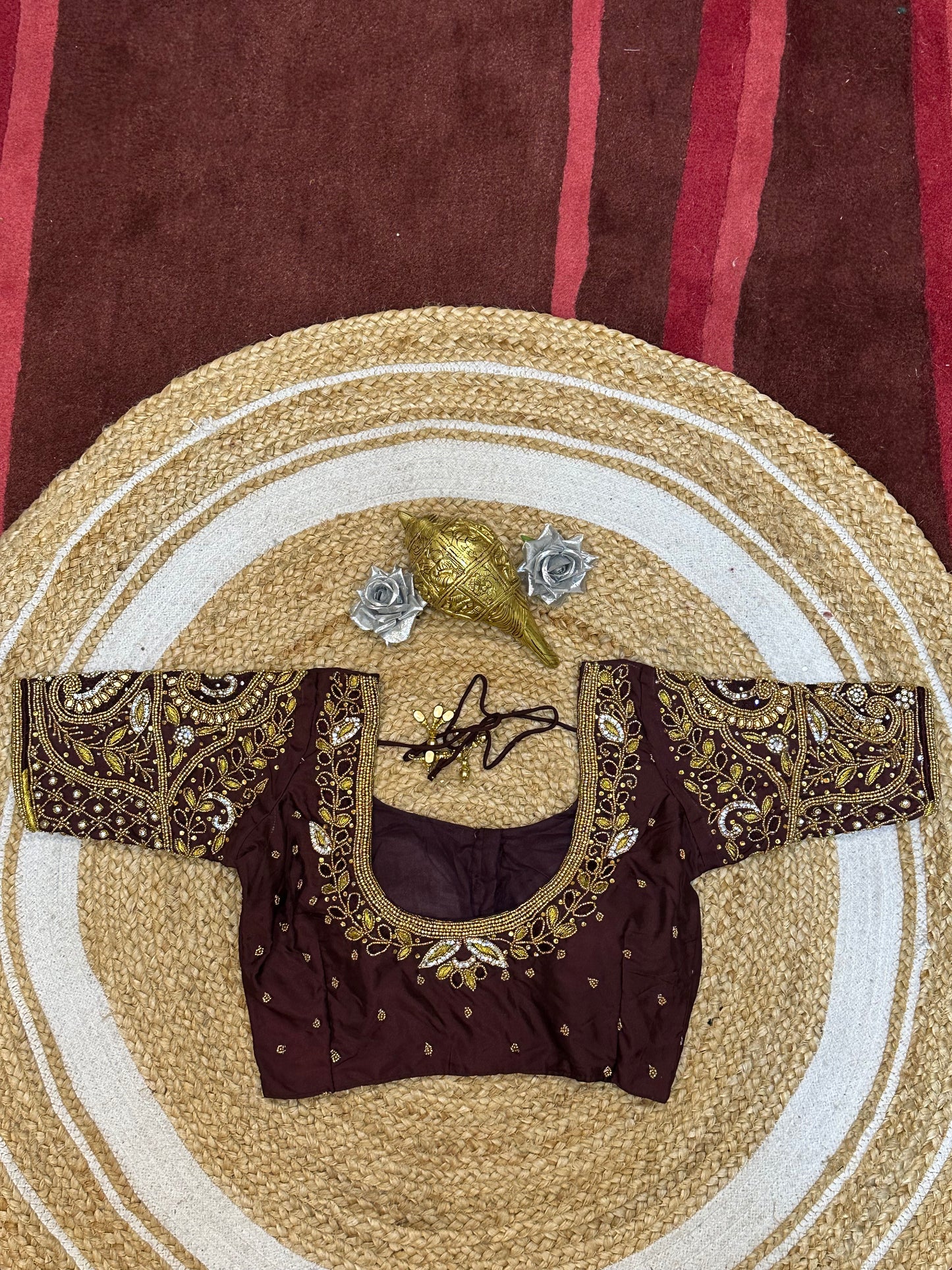 34” XS Aari Worked Sari Blouse Indian Saree Top Silk Burgundy B111