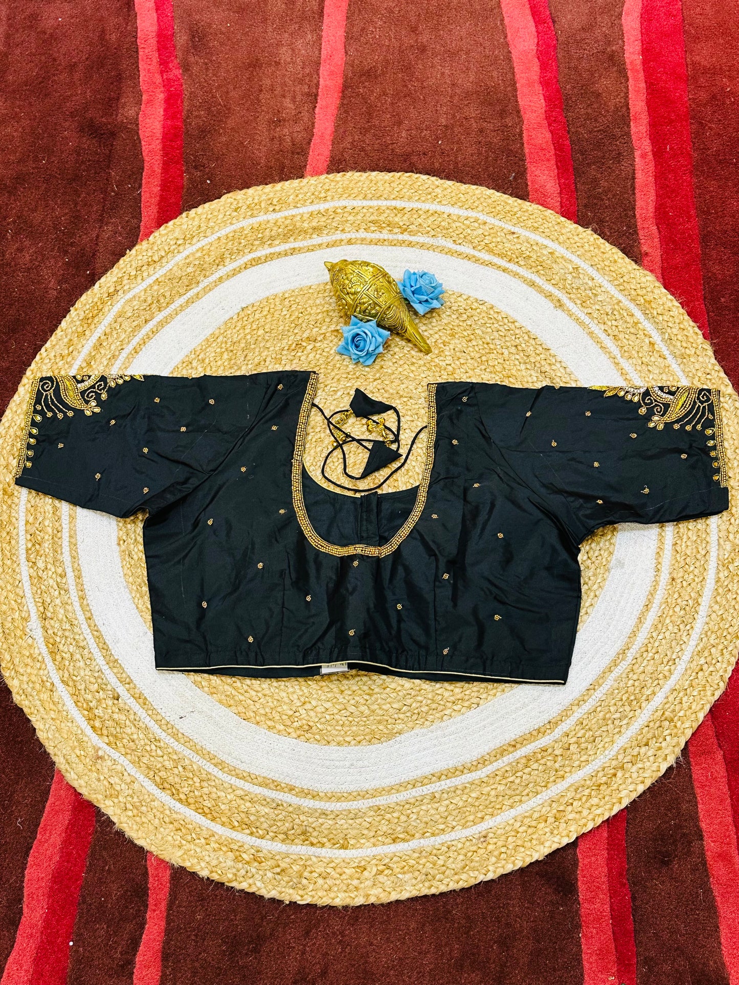 46” Size 16 Aari Worked Sari Blouse Indian Saree Top Silk Black B186