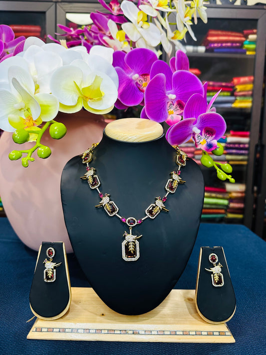 Indian Victorian Polish Peacock Brass Necklace & Earrings Jewellery Set Ruby N75