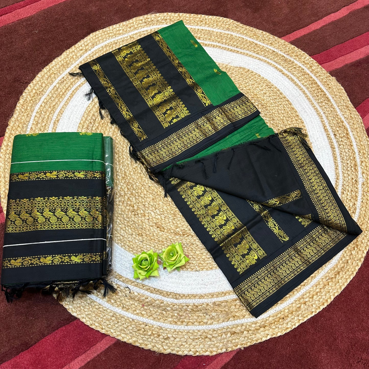 Green and Black Kalyani Silk Cotton Sari South Indian Saree S140