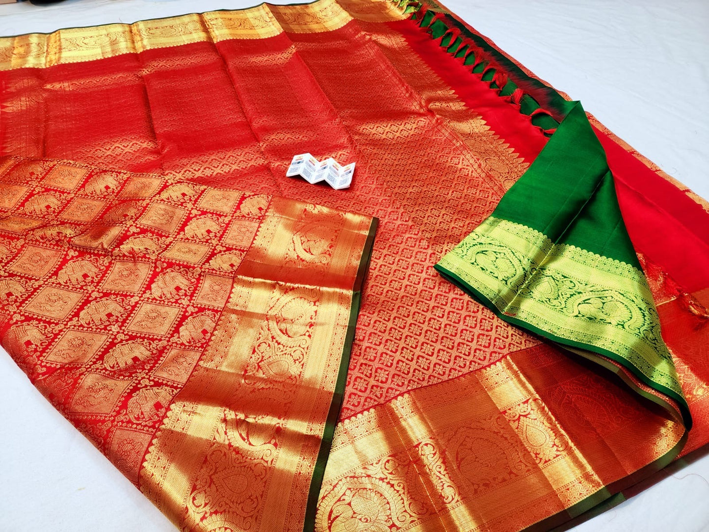 Kanchipuram Pure Silk Saree Bridal Red Green Kanjivaram Sari SPK265
