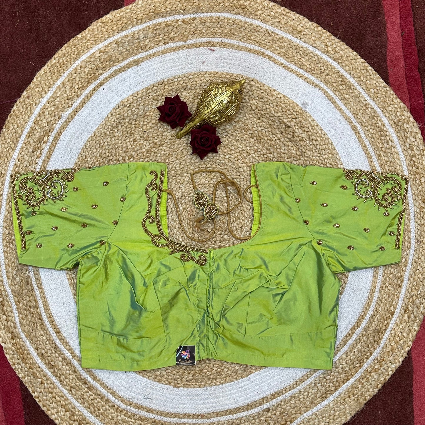 44” Size 14 Aari Worked Sari Blouse Indian Saree Top Silk Apple Green B250